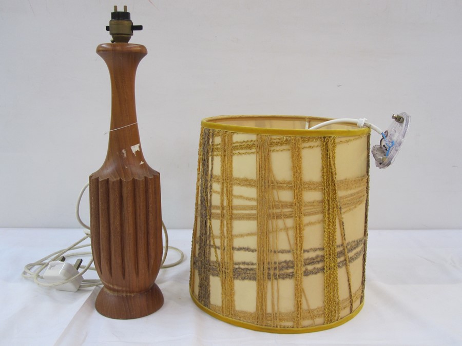 Mid to late 20th century wooden table lamp base, approx 40cm high and an abstract yellow cylindrical