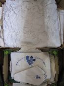 Quantity of assorted table linen to include tablecloths, napkins, place mats, etc (2 boxes)