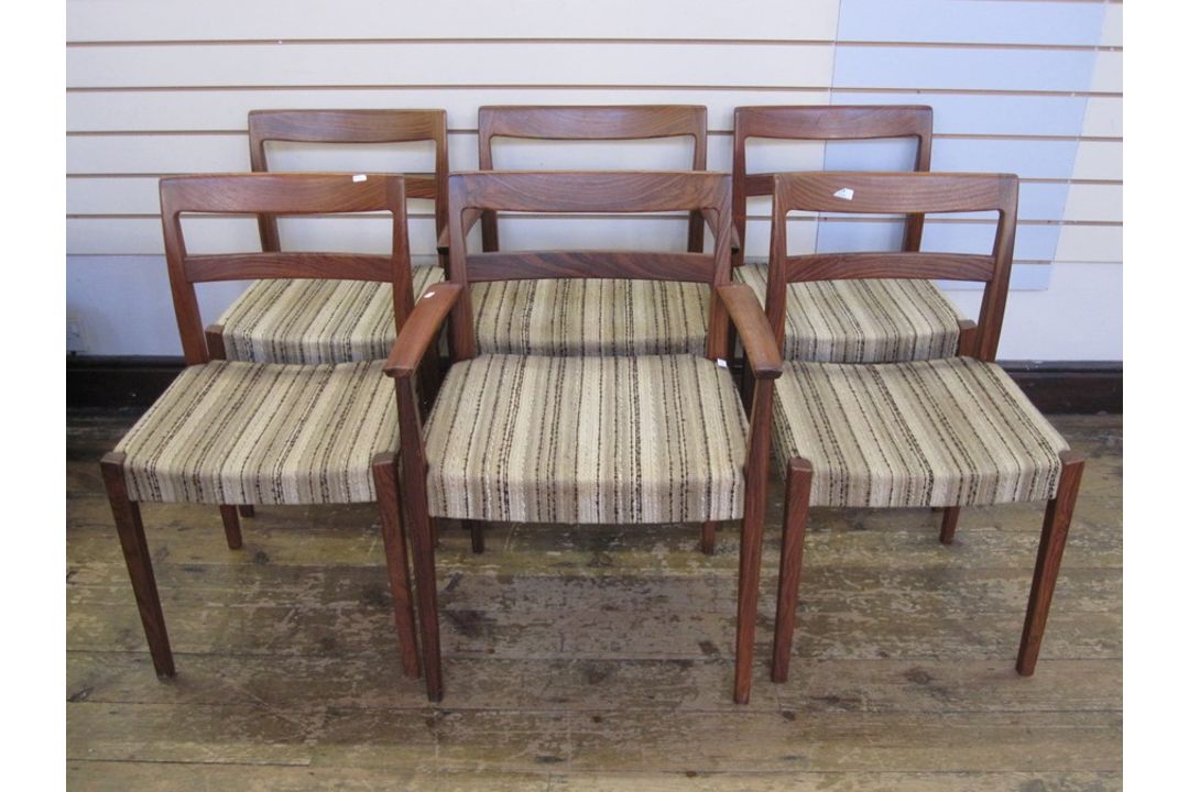 Set of six rosewood Swedish Troeds Bjarnum dining chairs with beige brown upholstered seats (two