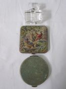 Shagreen covered gilt metal compact, another with petitpoint tapestry and a glass scent bottle
