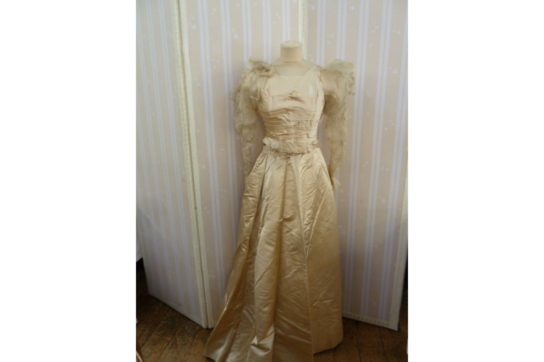 Victorian  ivory satin wedding dress with pleated bodice, full skirt, chiffon ruched sleeves - - Image 1 of 4