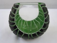 Richie Alli contemporary studio art glass vase in green and clear glass, rock-effect, oblate, marked