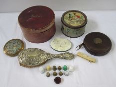 Collar box, a vintage 'Quality Street' small round tin, a plastic folded tape measure, assorted