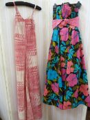 Jean Allen cotton strapless evening gown with pink pleated cummerbund, spaghetti straps, a mid 70'