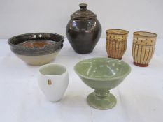Quantity of studio pottery to include Seth Cardew brown glazed lidded jar, pair of Clare Wratten