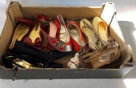 Pair of Prada high-heeled strappy sling-backs marked 39 and half, pair of Ralph Lauren ballerina