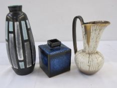 Carstens Tonnieshof blue square vase, 7.5cm high, Strehla West German pottery striped vertical