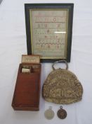 Vintage wood button box with label 'Pure Linen Buttons, Best Quality, English Make', with three