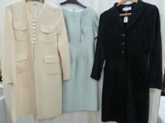 Black corduroy fitted coat labelled 'Paddy Campbell', three button fastening, a black suit with gold