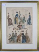 Edwardian colour fashion print showing various bustle dresses, 35cm x 25cm