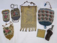 Various Victorian beaded purses, a chain-mail evening bag with gilt-coloured metal frame and gilt