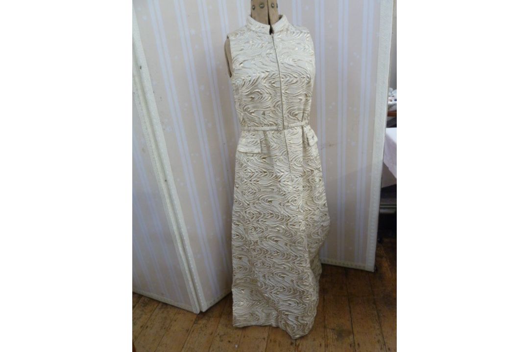 1960's gold lame Frank Usher evening gown, sleeveless, diamante buttons to the belt and pocket ( - Image 1 of 3