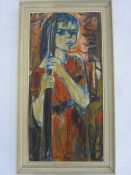 20th century school Oil on canvas Study of a young girl holding a stick, signed indistinctly