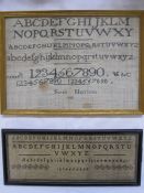 Sampler in black with alphabet and numbers by 'Sarah Harrison 1823', 21cm x 31cm (some staining) and