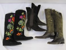 Pair of Ralph Lauren sage coloured suede and brown leather boots size 8B, a pair of black