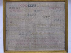 19th century alphabet sampler by 'Rebecca Dickinson 1821, Coalbrookdale, Shropshire', 26cm x 31cm
