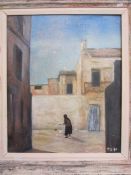 P Blackmon (20th century school)  Oil on board Woman feeding chickens in Mediterranean street,