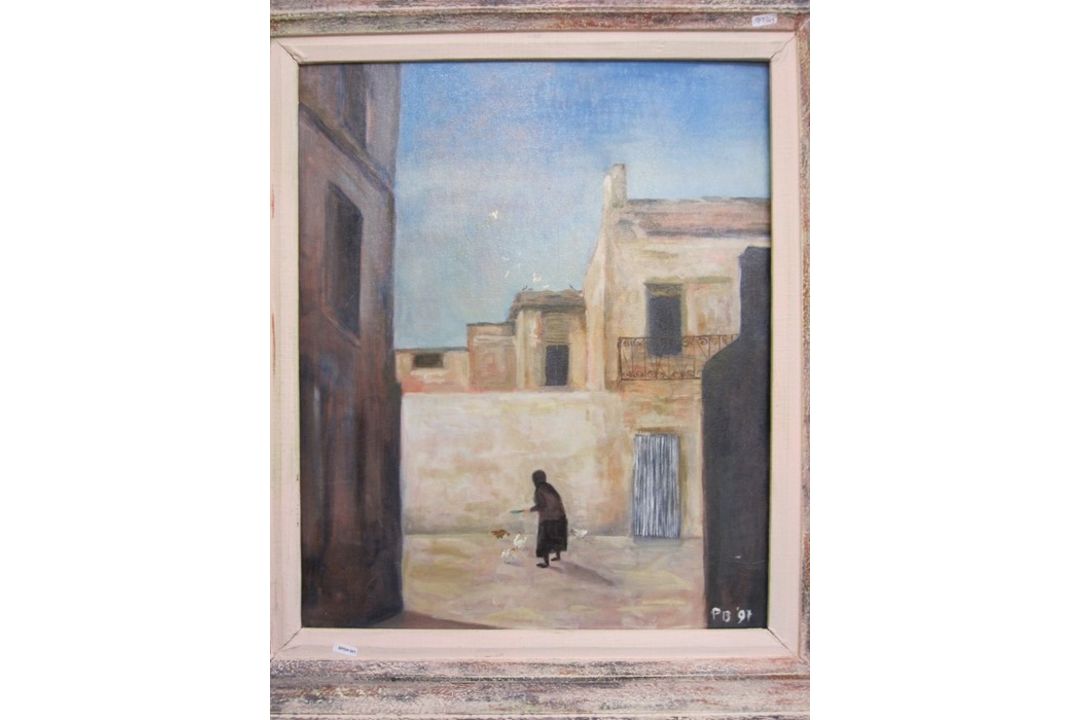 P Blackmon (20th century school)  Oil on board Woman feeding chickens in Mediterranean street,