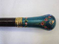 Vintage parasol frame with gold-coloured collar and enamelled handle, turquoise with pink swags of
