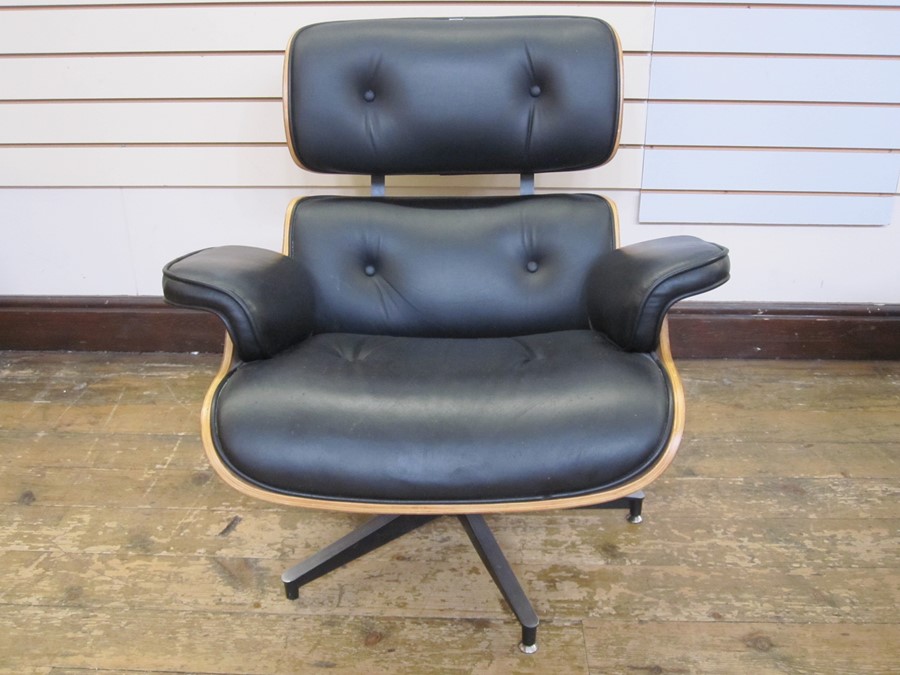 Charles and Ray Eames lounge chair and ottoman, Herman Miller Collection in black leather, unmarked, - Image 2 of 19