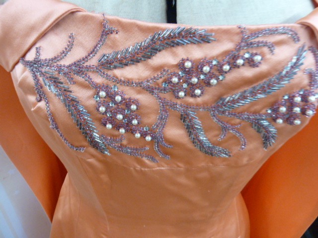 Phyllis Taylor apricot satin full length evening gown with embroidered bodice, with sash detail, a - Image 4 of 15