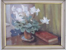 D. Hardyment (20th century school) Oil on board Still life study of flowers in a pot with book,