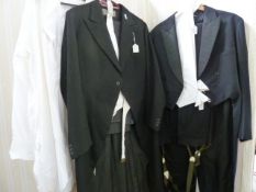 Vintage tail suit in very dark blue, with white waistcoat and trousers with braces, a black tail