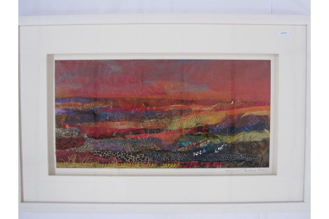 Barbara Shaw "Red sky", fabric collage, signed in pencil to the margin lower right, 52 x 44cm