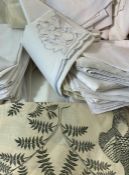 Quantity of table linen to include damask table napkins, damask tablecloth, batik circular