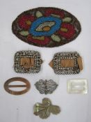 Pair of antique cut steel buckles, rectangular, shaped oval scroll design and two mother-of-pearl