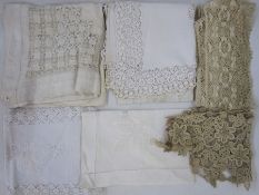 Assorted lace and linen items to include a gros point, possibly Venetian, lace collar with picot