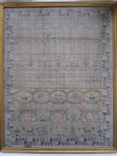 Early 19th century sampler with alphabet, verse, animals and floral border by 'Eliza Daydon, 08',