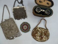 Late 19th century beaded bag with diamante detail, fixed frame and chain handles, chain mail evening