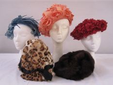 Vintage petal hat, a blue chiffon and velvet headband labelled Mitzi Boutique of London, a raffia