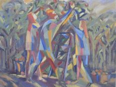 Margaret Melliar, British (1905-1992) Oil on canvas Abstract scene of figures picking apples, signed