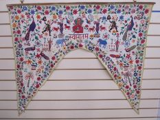 Hand embroidered possible tent hanging, showing Indian figures, birds, animals