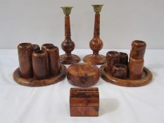 Assorted Thuya wood candle holders, circular dishes, trinket boxes, etc