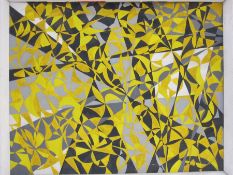 Oil on board Abstract, patterns in yellow, black, grey and white, 60cm x 74.5cm