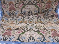 Early 20th century machine-made crewelwork-style curtain, bordered with blue damask, 180cm x 100cm