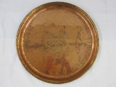 Arts & Crafts Hugh Wallace oval copper tray with brass handles, engraved floral motif to centre,