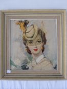 20th century school Oil on board Head and shoulders study of a young lady wearing a hat with