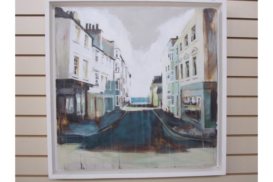 Camilla Dowse Oil on board Bedford street scene, label to reverse, 25 x 26cm