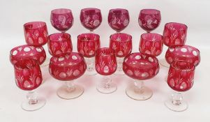 Assorted cranberry glassware to include hocks, wines, champagne bowls, etc