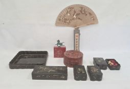 Red lacquer box of circular form, the pull-off cover painted with figure on horseback, the