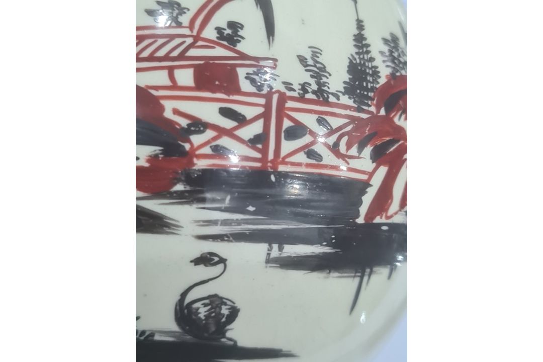 18th century English creamware teapot, the bulbous body with chinoiserie lakeside landscape in - Image 8 of 10