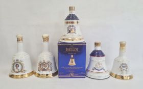 Five ceramic Bells bottles with liquid contents inside to include Charles and Lady Diana 1981