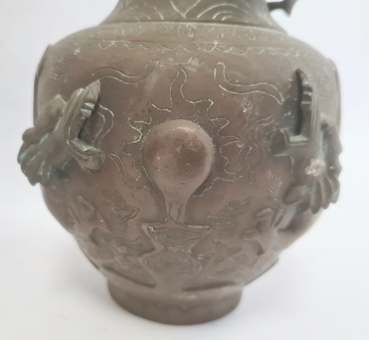 Pair Chinese bronze vases, baluster-shaped and each embossed with pair dragons and flaming pearl and - Image 3 of 5