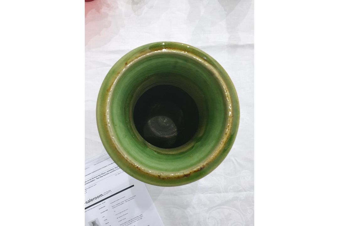Studio pottery vase with ovoid body, green ground with brown stylised leaf decoration, - Image 5 of 16