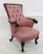 19th century rosewood armchair with pink patterned upholstery, carved cabriole legs Condition