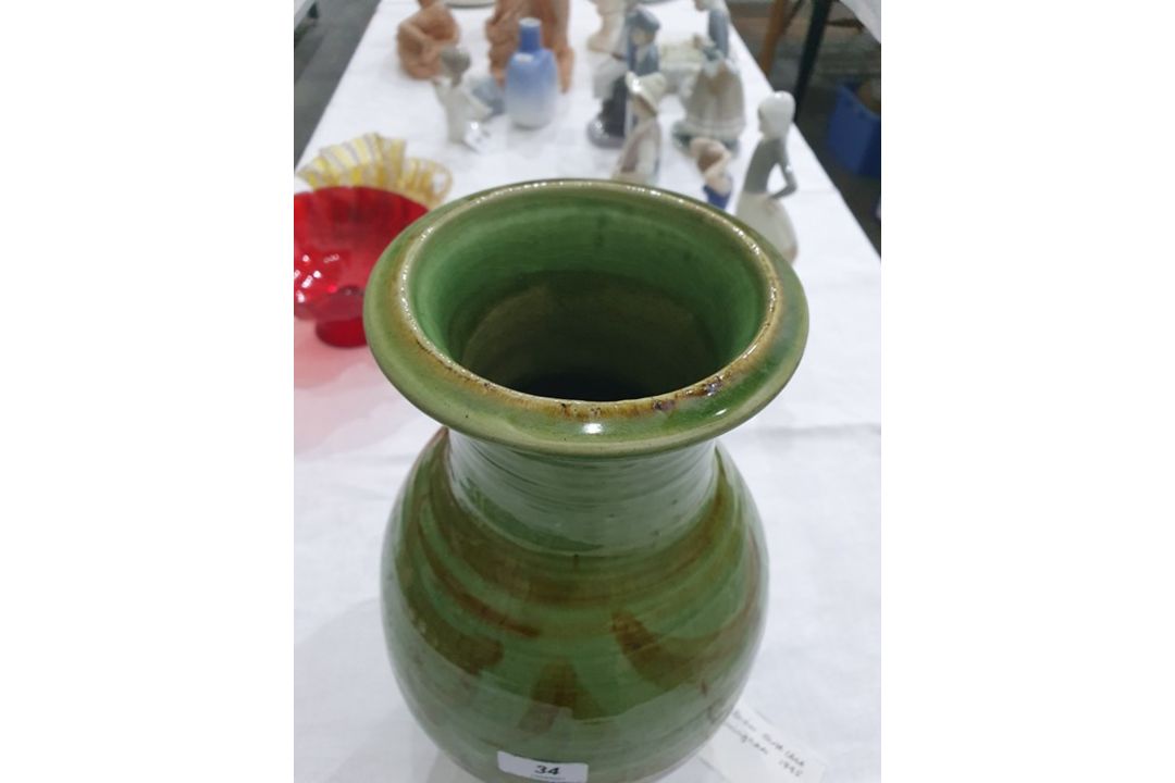 Studio pottery vase with ovoid body, green ground with brown stylised leaf decoration, - Image 6 of 16